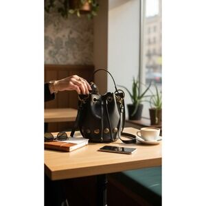 STELLA BIANCA Made In Italy Raffia Bucket Buttery Soft Leather Luxury Goth